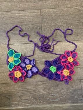 Zara Purple Floral Crochet Knit Tie Triangle Bralette Festival Beach Top S/M